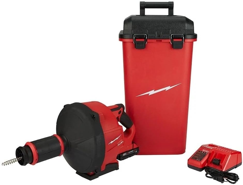 Milwaukee M18 drain snake review and rating showing the cordless unit during hands-on performance testing on a residential drain line