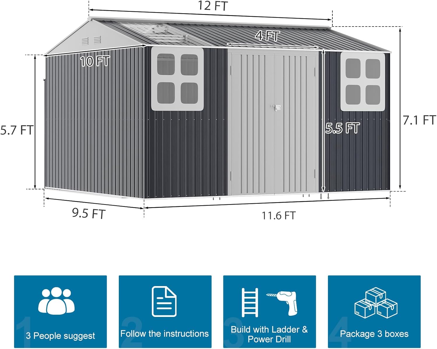 WELYAS 12x10 metal storage shed review unboxing - complete package contents including panels, base, hardware, and instructions